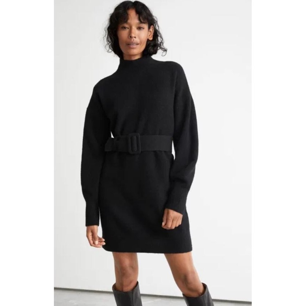 & Other Stories Belted Mini Knit Sweater Dress Black Mock Neck Women's XS